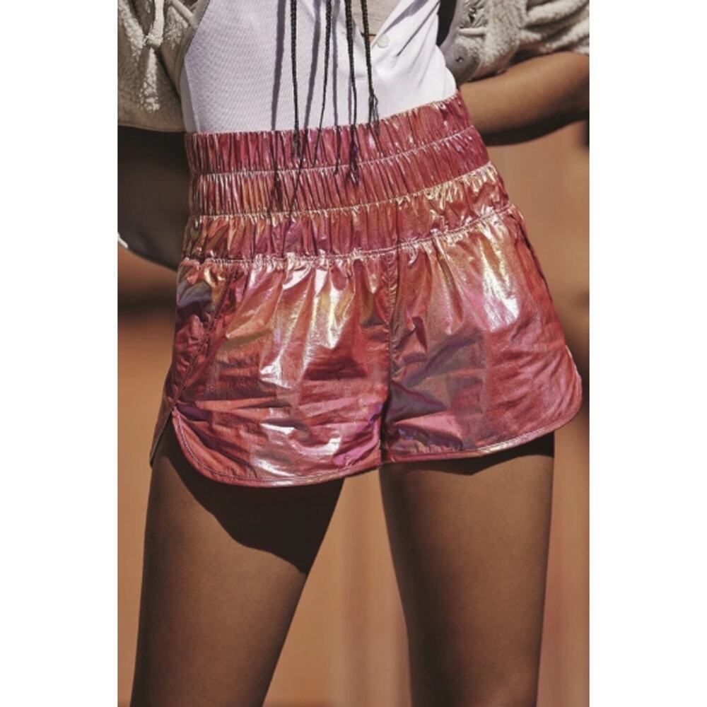 Free People Movement Way Home Shine High Waisted Running Shorts Metallic Pink S